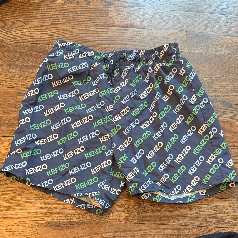 Kenzo Navy Swim Trunks with Green and White Logo Print